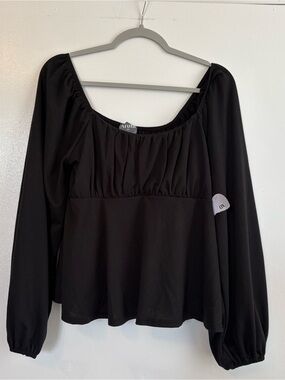 Arula Black Chiffon Ruched Square Neck Puff Long Sleeve Blouse Women’s 0X